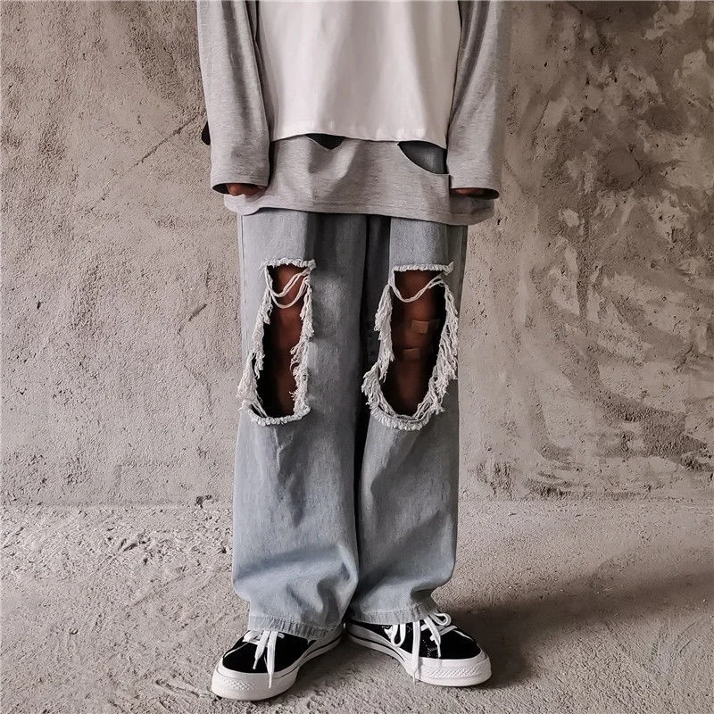 Men's and women's knees torn pants retro jeans straight cardigan punk style Korean Harajuku hip-hop street clothes | Женская