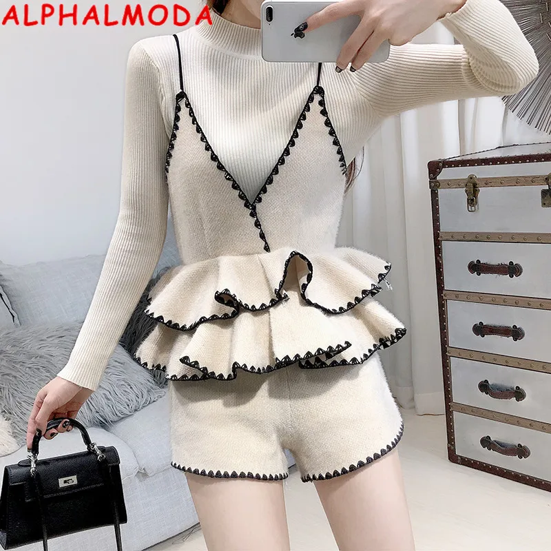 ALPHALMODA вязаный свитер + жилет с рюшами шорты Женский Стильный костюм из 3 предметов