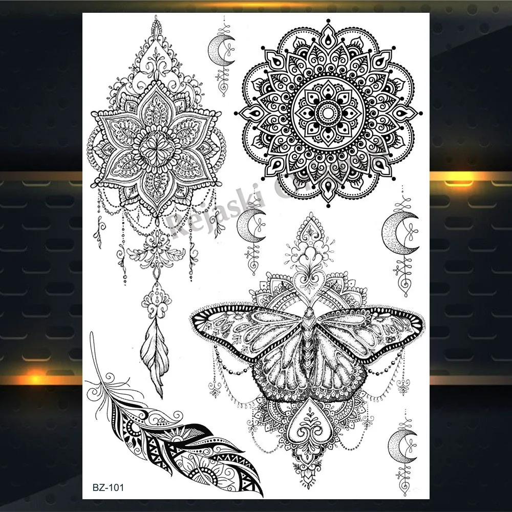 PBZ101 REJASKI черный серьги Henna Mandala цветок временные татуировки для Для женщин Стикеры пикантные водостойкие татуировки, боди-арт Arm талией, эксклюзивный дизайн татуировки - Цвет: PBZ101