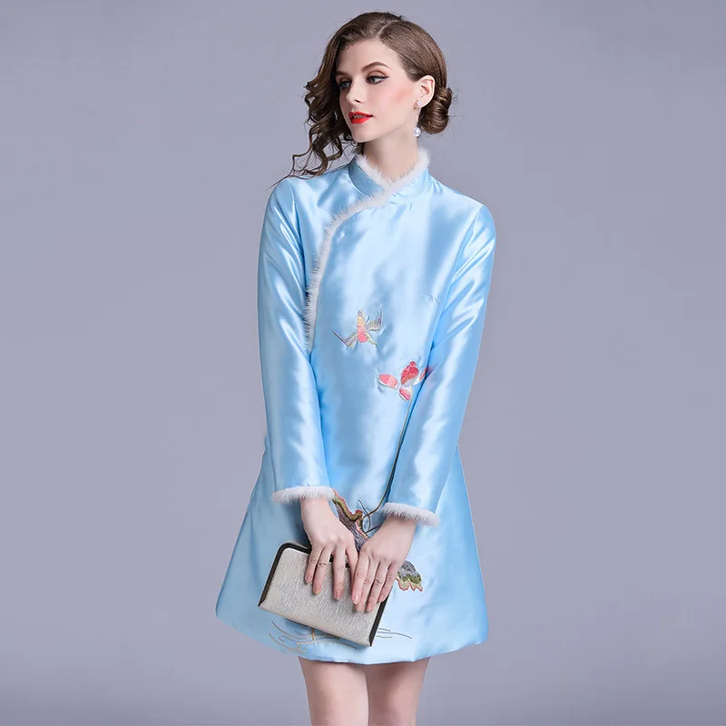 

Chinese-style WOMEN'S Dress 2018 Autumn And Winter New Style Mom Retro Embroidered Fur Collar Chinese Style Cheongsam Cotton-pad