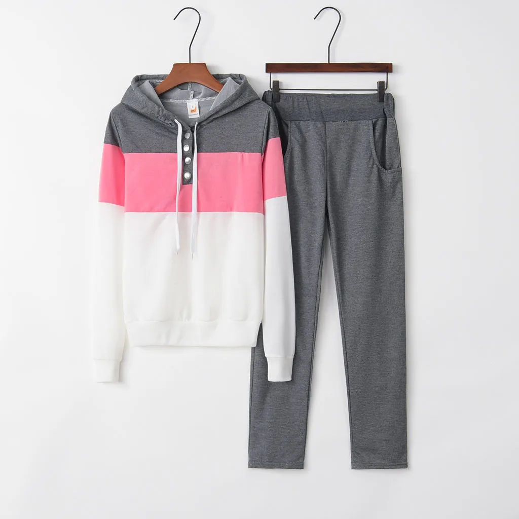 Autumn Women Solid Color Hooded Sweatshirt and pant Tracksuit Sport Suit
