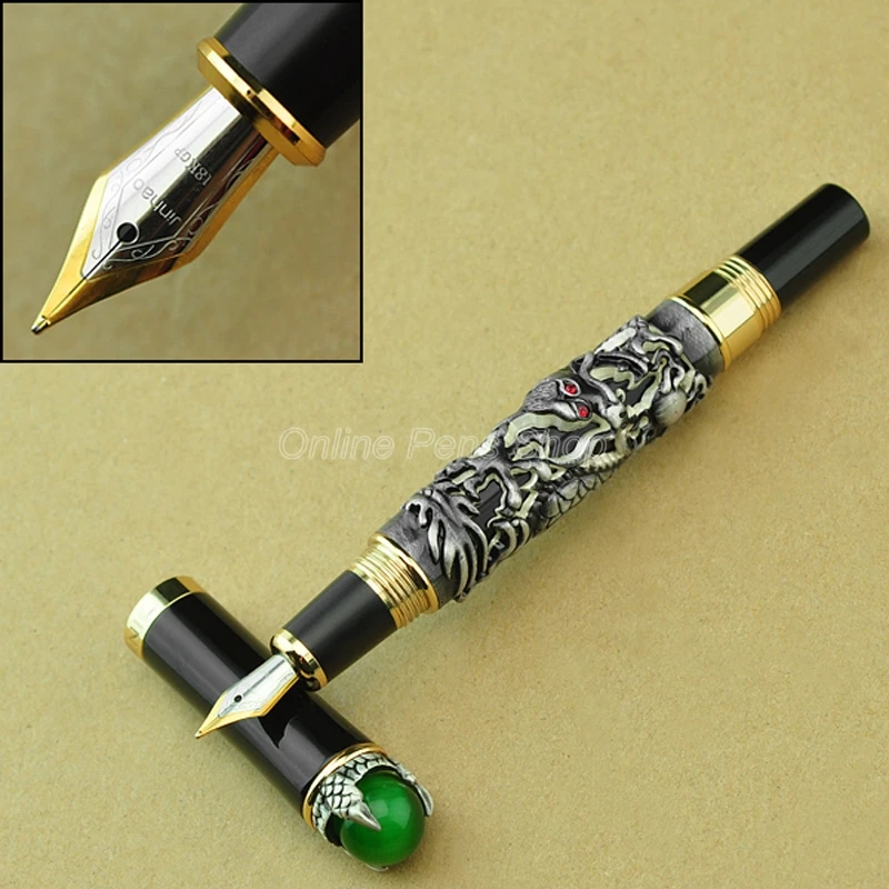 Jinhao Exquisite Dragon King 18KGP M Nib Fountain Pen, Metal Embossing Green Jewelry on Top, Gray Drawing Gift Pen