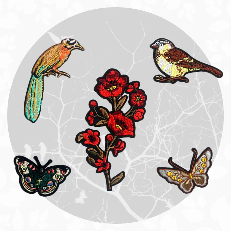 

Plum Bird And Butterfly Embroidered Patches Iron On For Clothing Hat DIY Stripes Applique Badge Stickers Jacket Clothes