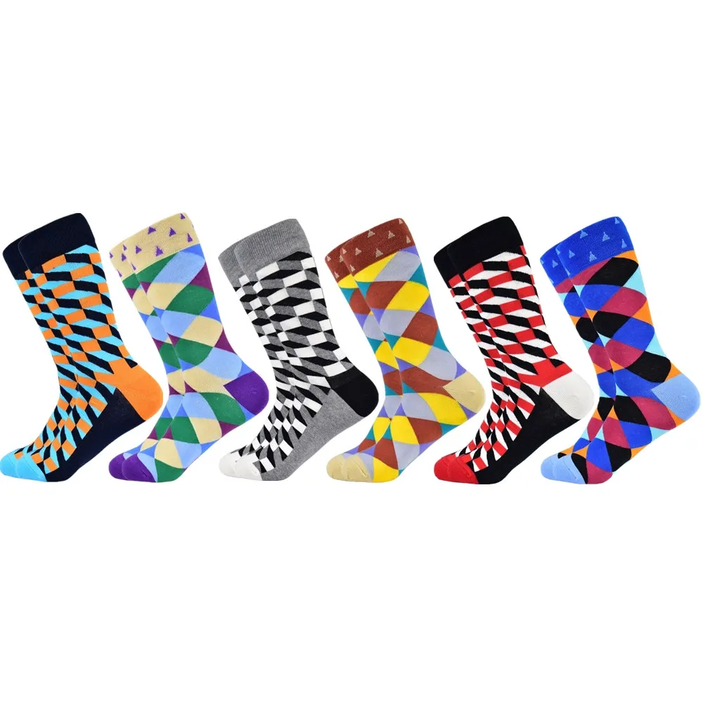Популярные мужские носки из чесаного хлопка подарки для мужчин клетчатые геометрические повседневные мужские носки Цветные счастливые мужские носки - Цвет: 6 pairs socks-10