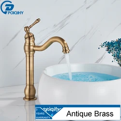 Antique Brass Deck Mounted Basin Vessel Faucet - Cold and Hot Water Mixer Tap (Antique Brass High)