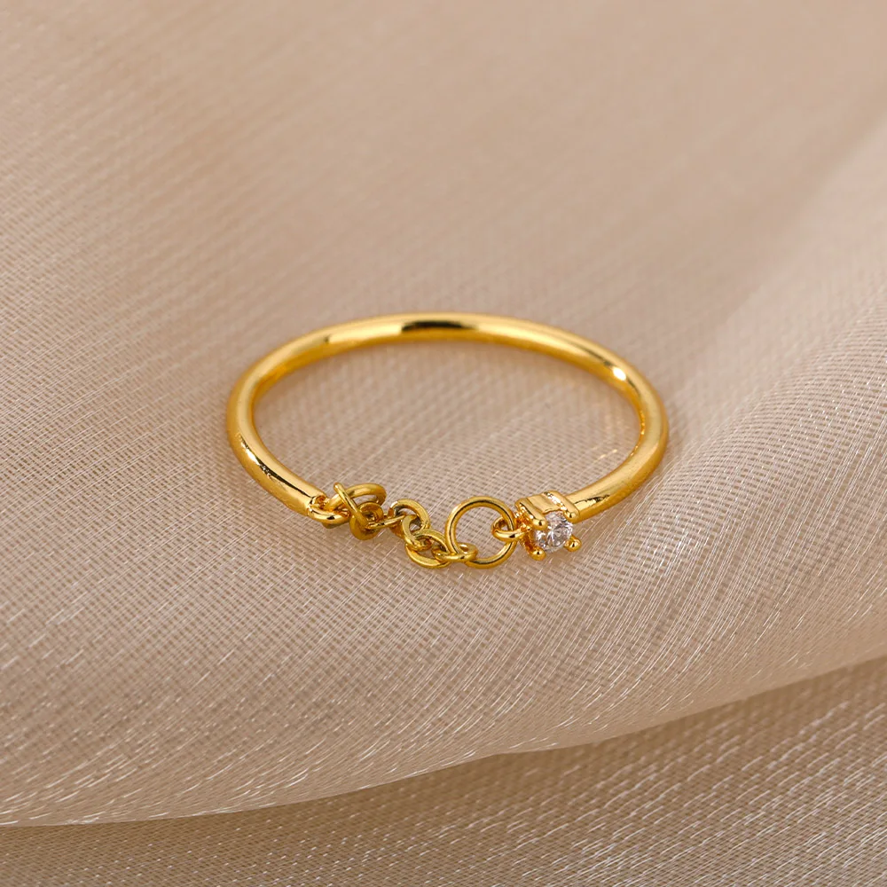 Finger Chain Rings For Women Stainless Steel Zircon Round Punk Rings Jewelry