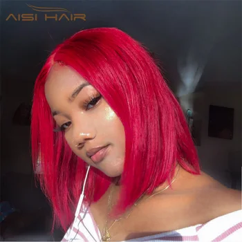 

AISI HAIR 14 Inch Synthetic Wig Midele Part Red Wig Heat Resistant Fiber Straight Bob Wigs for Black Women Short Hair
