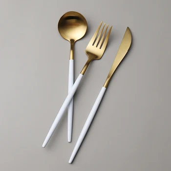 

White Gold 4 Pcs Cutlery Set Stainless Steel Reusable Knife Fork Spoon Western Silverware Tableware Kitchen Flatware Set KK60CJ