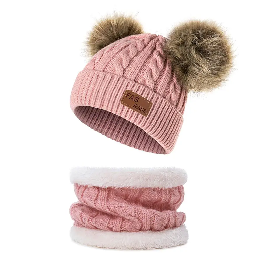WISH CLUB/комплект из зимней шапки и шарфа для мальчиков и девочек; Вязаная хлопковая теплая шерстяная шапка с двойным меховым помпоном; зимние аксессуары; Шапка-бини