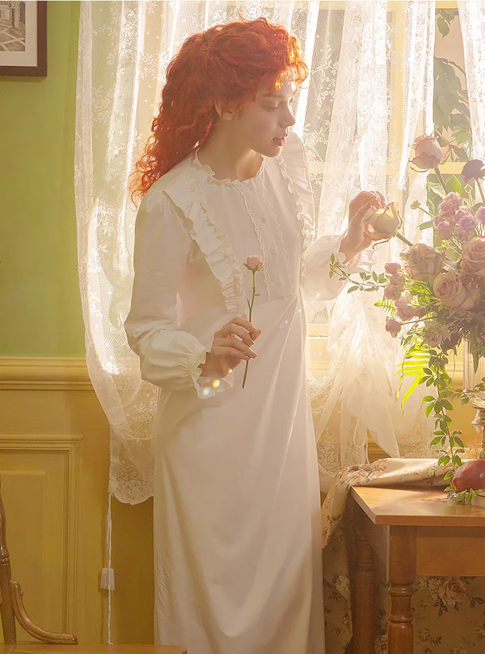 Женское милое платье принцессы, ночная рубашка с длинным рукавом, винтажная ночная рубашка с оборками, ночная рубашка в викторианском стиле, одежда для сна