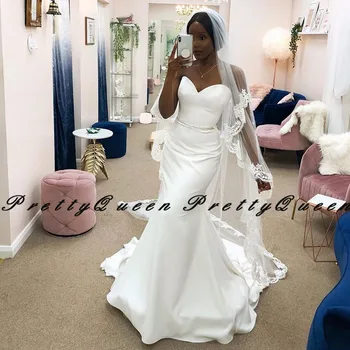 

Charming Mermaid Long Wedding Dress 2020 White Satin Sweetheart Neck Vestido De Noiva Black African Women Bridal Dresses