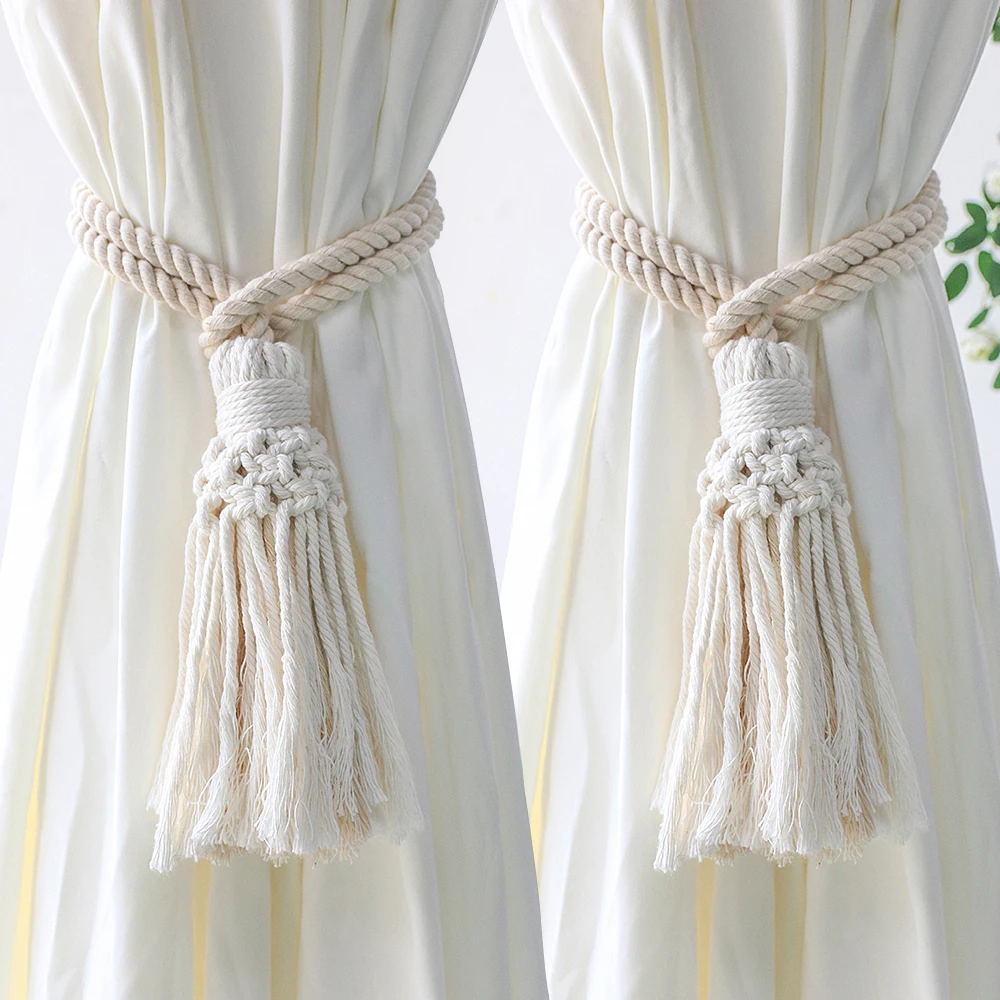 Mkono Macrame Curtain Tiebacks Window Treatment Holdbacks Drapery Boho Decor Tassel White Cotton Rope Set of 2