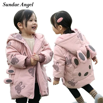 

Winter Jackets Girls Rabbit Ear Hooded Patchwork Cartoon Thicken Warm Parkas 90% White Duck Down Coat For 4-10 Years Clothes