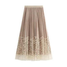 Сетчатая вуаль, вышитые женские юбки, Осень-зима, новинка, Женская Золотая Бархатная плиссированная юбка, юбка с бисером, 8306