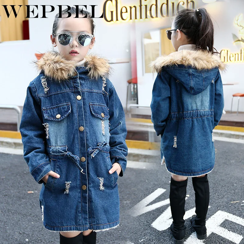 

WEPBEL Winter Kids Girls Denim Jacket Children Thick Velvet Jacket Outerwear Plus Velvet Thick Denim Hooded Jacket