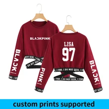 Черная розовая укороченная Женская толстовка с круглым вырезом Kpop, толстовка с длинным рукавом,, Повседневная Уличная одежда, размеры от S до 2XL