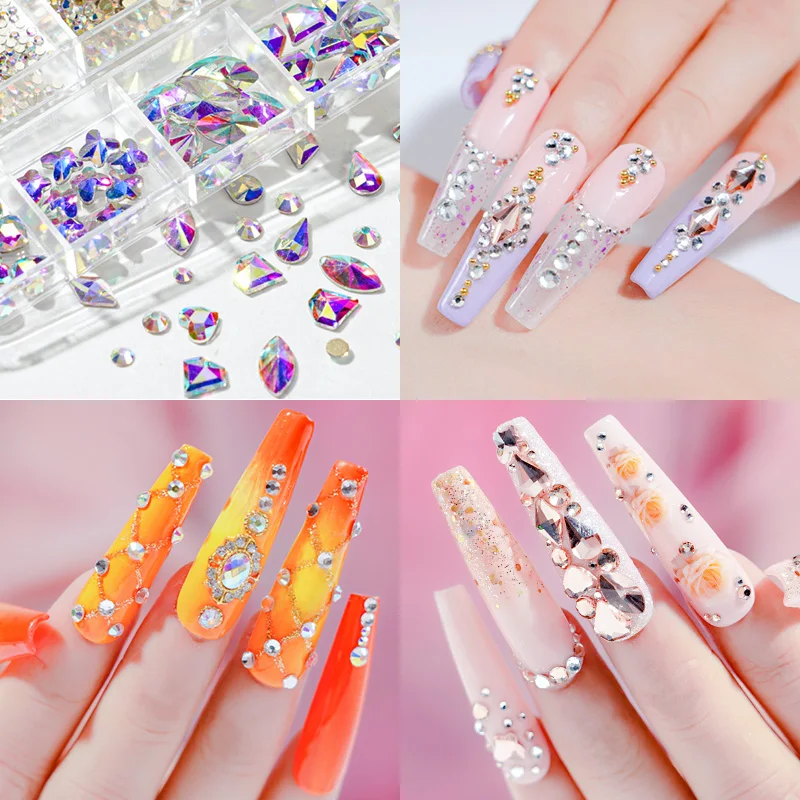 12Girds Box Rhinestones With Tool SS4-SS16 Colorful Non Hotfix Flatback  Crystal Diamonds Glitter Nail Art Luxurious Decoration