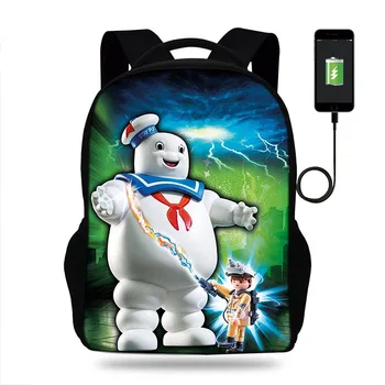

17inch Ghostbusters Marshmallow man Print Backpack Teenager Boys Kids USB Charge Port School Bag Students Children Mochila