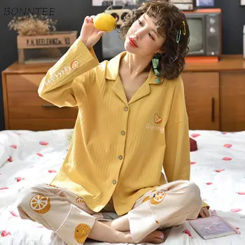 

Pajama Sets Women Long Sleeves Autumn Sleepwear Female Turn-down Collar Korean Style Sweet Girls Lounge 2 Pieces Set Lovely Chic