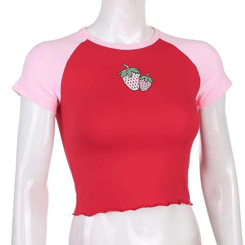 ALLNeon Sweet Strawberry Embroidery Front Crop Tops E-girl O-neck Short Sleeve Patchwork Red T-shirts Fashion Summer Kawaii Tees
