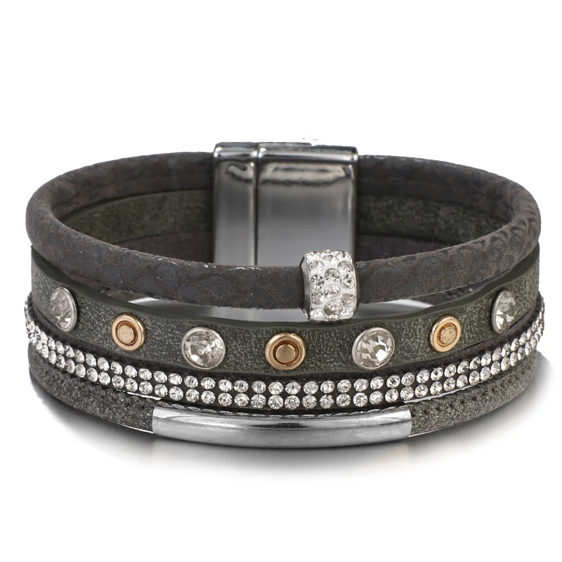 Amorcome металлические трубы кожаные браслеты для женщин модные браслеты со стразами и браслеты широкий браслет многослойный ювелирный женский браслет - Окраска металла: Gray