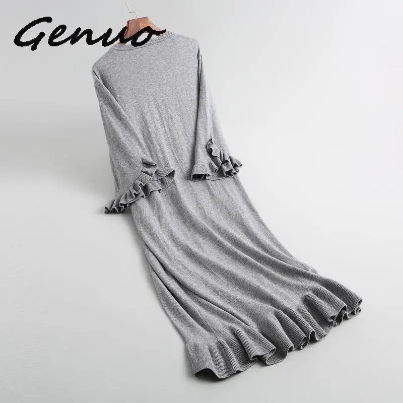 Genuo, новинка, весеннее женское платье, повседневное, сплошной цвет, цветной раструб, рукава, гофрированное, декоративное, свободное, вязаное платье - Цвет: Серый