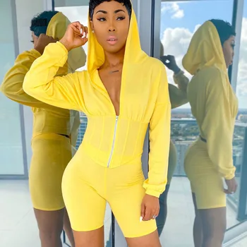 

Waist Shaping Thin Hoodie Leisure Sports Two-piece Sets Women's Yellow Long-sleeved Hooded Zipper Tops Shorts Running Clothing