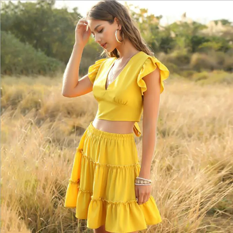 Lofia Women Two Piece Outfits 2 Piece Outfits for Women Two Piece Set Lofia Cake Skirt Lotus Leaf Short Sleeve Sexy Crop Top