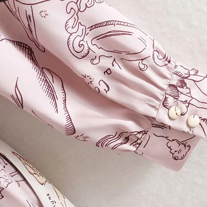QZ624 Women European Design Long Sleeve Crossed Bow Print Pleated Middle Long Dress Vestidos