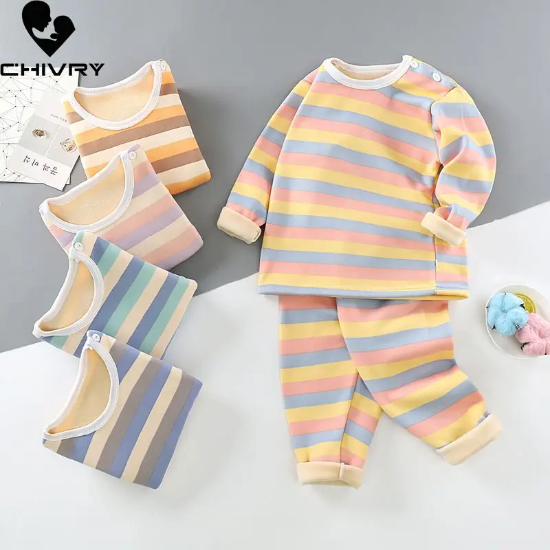 

New 2020 Kids Boys Thicken Pajama Sets Striped O-Neck T-Shirt Tops with Pants Baby Girls Autumn Winter Warm Sleeping Clothes