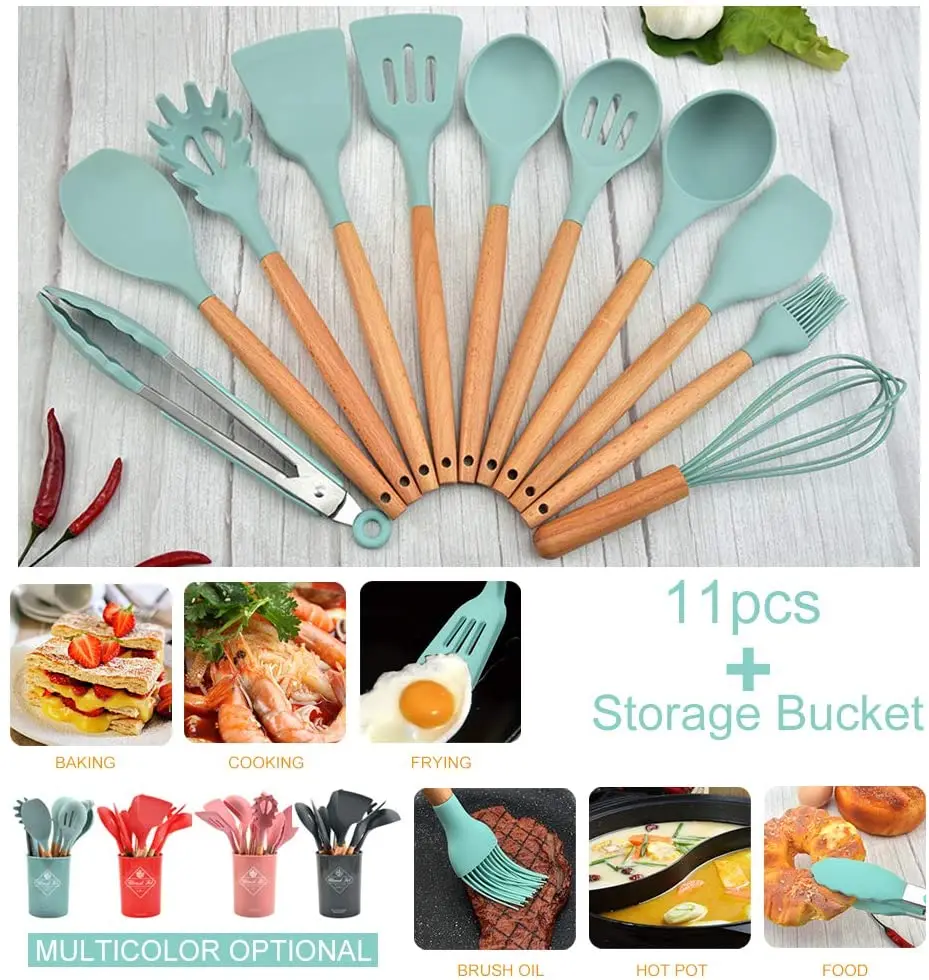 12PC Silicone Kitchen Utensils Set with Wooden Handles FDA Approved BPA free