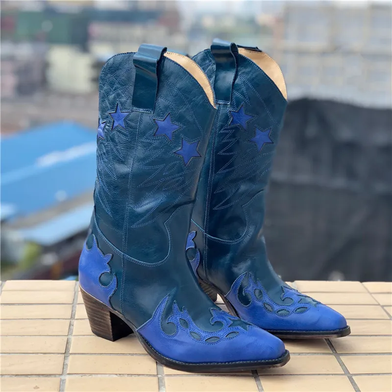 Jady Rose Retro Genuine Leather Women High Boots Slip On Chunky High Heel Cowboy Boots Pointed Toe Embroidery Botas Mujer - Цвет: Синий