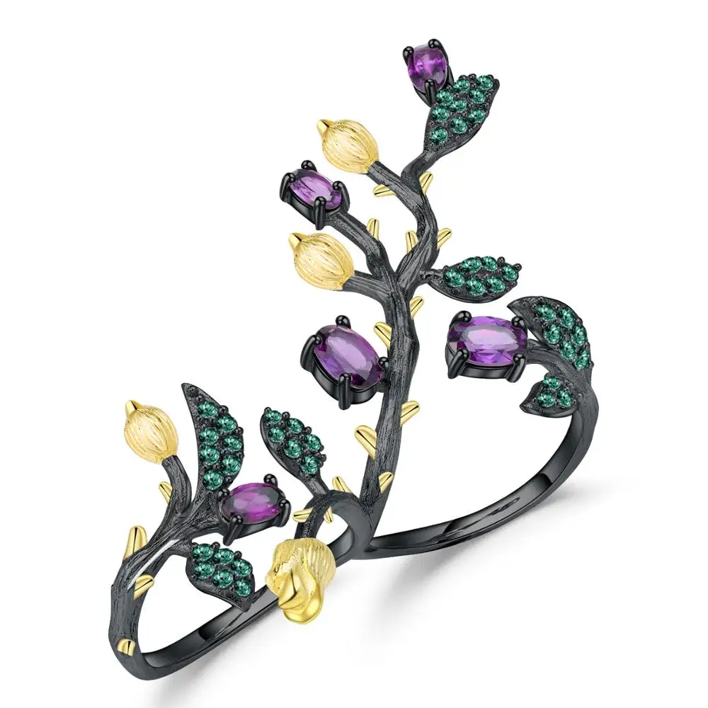 

GEM'S BALLET 925 Sterling Silver Branch Open Adjustable Rings 1.57Ct Natural Amethyst Double Finger Ring for Women Party Jewelry