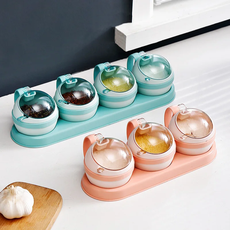 Plastic Transparent Lid Spice Jar Kitchen Sugar Herb Salt Shaker Storage Seasoning Box Set With Spoon Lid Cruet Condiment Bottle