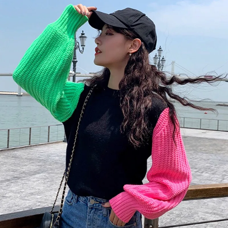 

Autumn Women's Sweater Knit Pullover Contrast Color Lantern Sleeve Sweater Women Casual Korean Pullover Sweater Woman New 2019