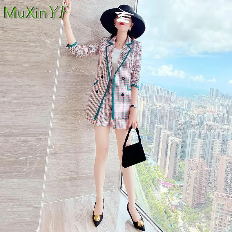 Autumn New Pink Plaid Suit Shorts Two-piece Women's 2023 Korean Fashion Elegant Top Blouse Blazers Pants Set Female Clothing