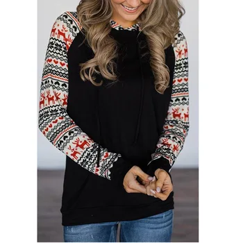 

Autumn 2019 Long-sleeved Hooded Printed Red Reindeer T-shirt for Christmas Casual Black Womens Shirts