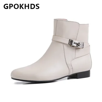 

GPOKHDS 2021 women Ankle boots Cow leather Winter short plush Round Toe Metal Decoration Buckle Strap Low heels female boots
