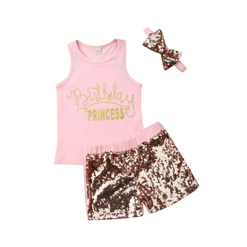 

Princess Pink Clothes Set Kids Girl Summer Sleeveless Outfits 3 Piece Sequins Shorts +T shirt +Headband