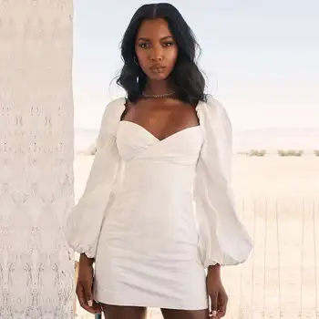 

Seamyla Women White Long Lantern Puff Sleeve Dresses Strapless Sexy Elegant Evening Celebrity Party Mini Club Vestidos Bodycon