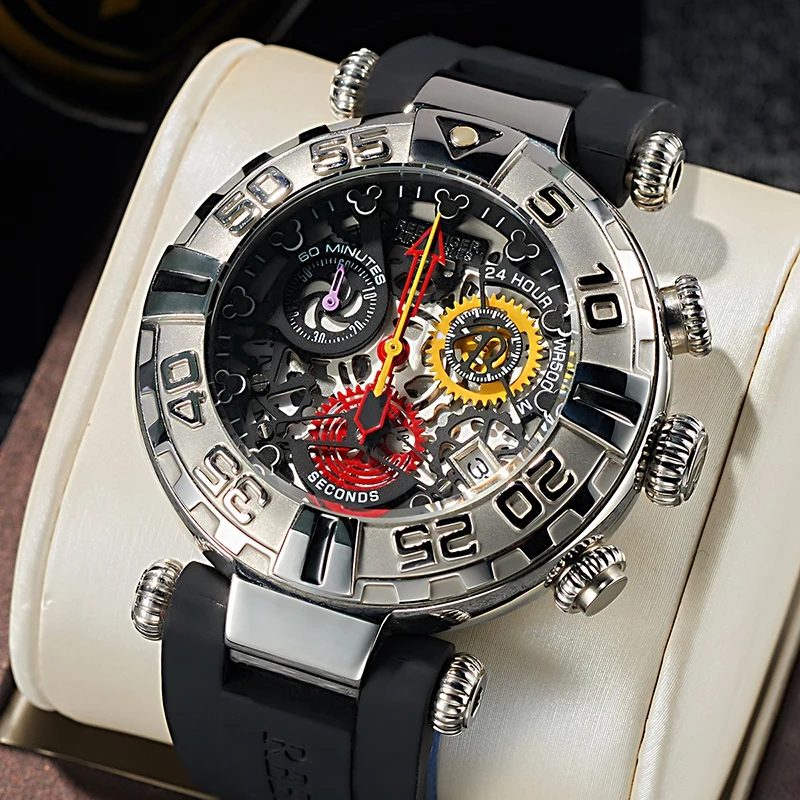 

Reef Tiger/RT New Design Skeleton Sport Watches for Men Rubber Strap Luxury Transparent Big Watch RGA3059-S