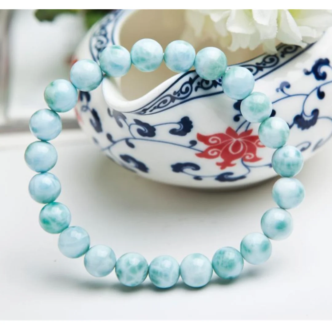 

7mm Top Natural Blue Larimar Bracelet Jewelry For Women Men Gift Crystal Round Beads Dominica Gemstone Water Pattern Stone AAAAA