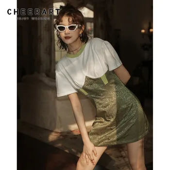 

CHEERART Designer Summer T Shirt Dress Women Vintage Tunic Frog Button Patchwork Mini Dress Green Short Dress Clothing