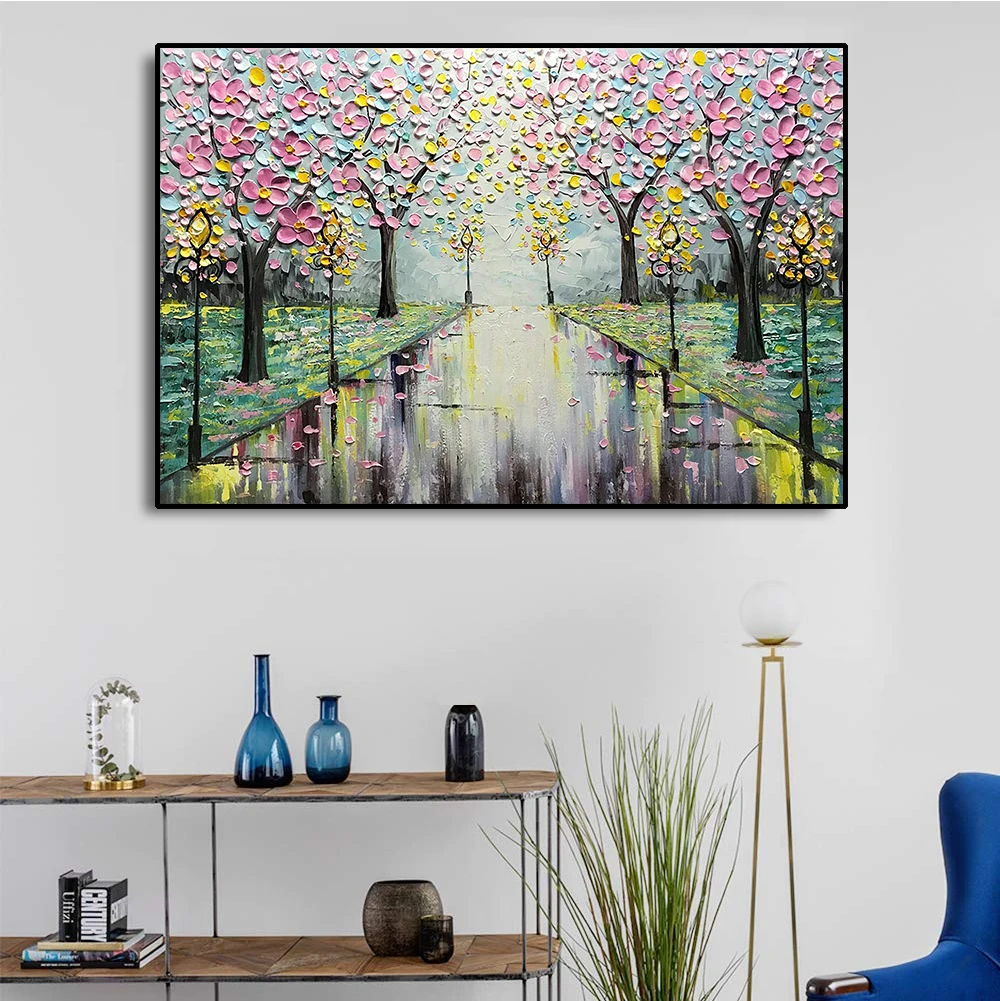 

Nordic Canvas Art Abstract Oil Painting Romantic Rain Tree Street Posters and Prints Wall Art Picture for Living Room Home Decor