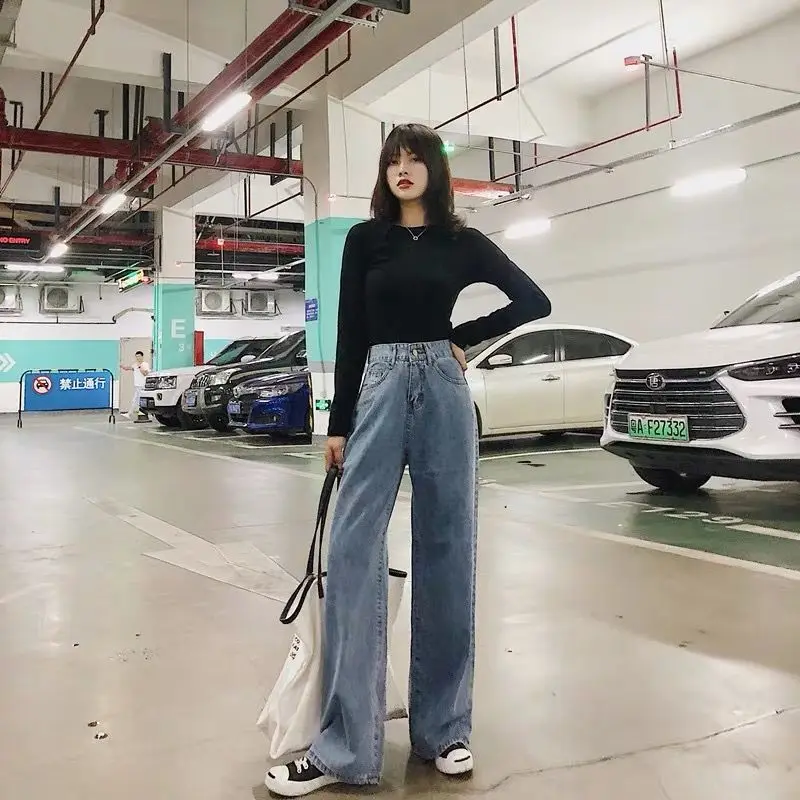 

High-waisted women in wide-legged Jeans Spring 2020 new vertical-tube floor-length pants are loose and slim