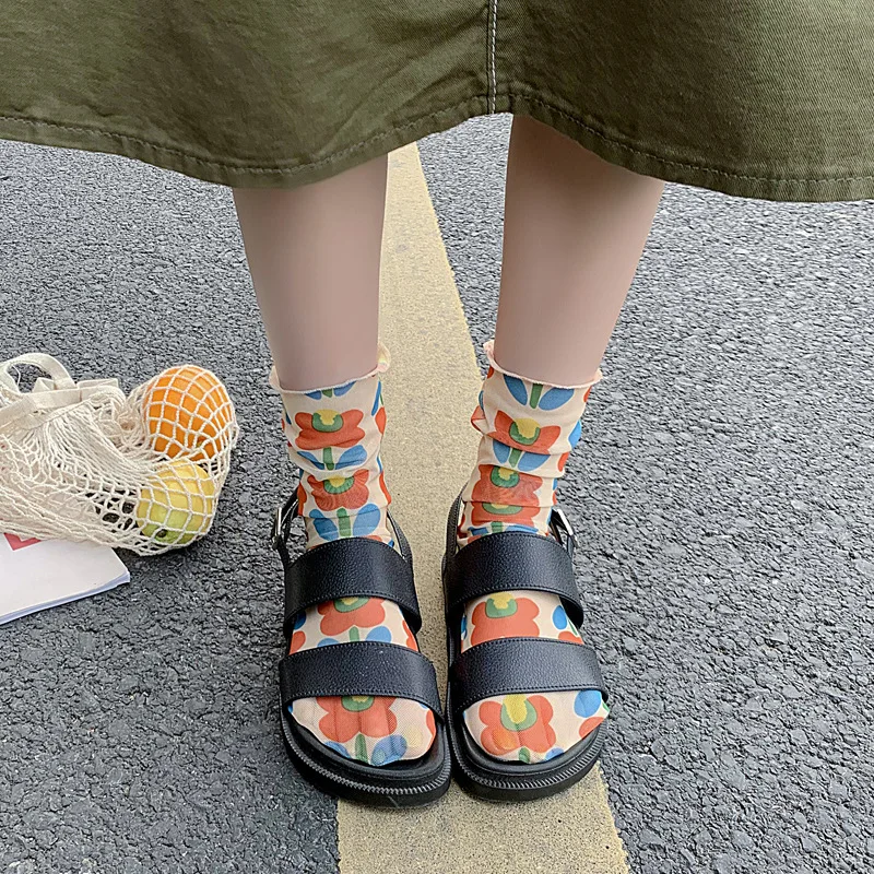 

Women Flowe Socks Summer Girl Fashion Color Print Flowers Long Thin Socks Woman Breathable Cute Socks