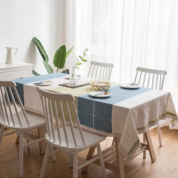 

Tablecloth, Rectangular Cotton and Linen Tablecloth Lace Tassel Table Cloth, Washable Kitchen Tableware (Color: Blue-Green, Size