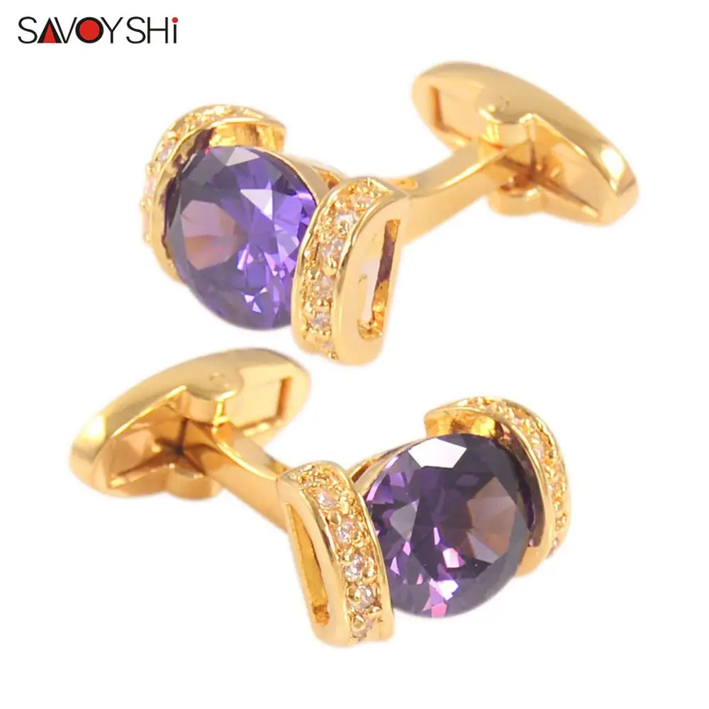 

SAVOYSHI Luxury Gold Cufflinks for Mens Shirt Cuff buttons High Quality Brand Purple Crystal Cuff links Wedding Grooms Gift