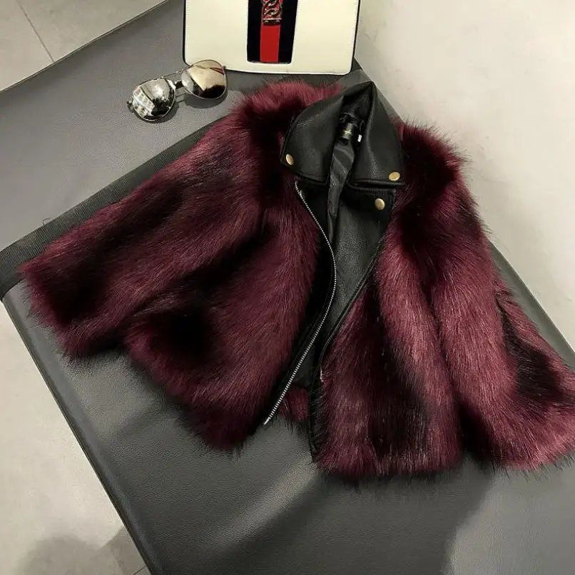 wine red Новая куртка из искусственной кожи в стиле пэчворк с искусственным лисьим мехом для мальчиков и девочек детское теплое пальто из 2 предметов куртка с искусственным мехом для подростков детская верхняя одежда, Y1894 - Цвет: wine red