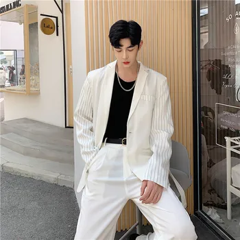 

Men Business Casual Autumn 2PCS Suits Sets (jacket+pants) Male Streetwear Hip Hop Stripe Splice Belt Blazer Coat Suit Trousers